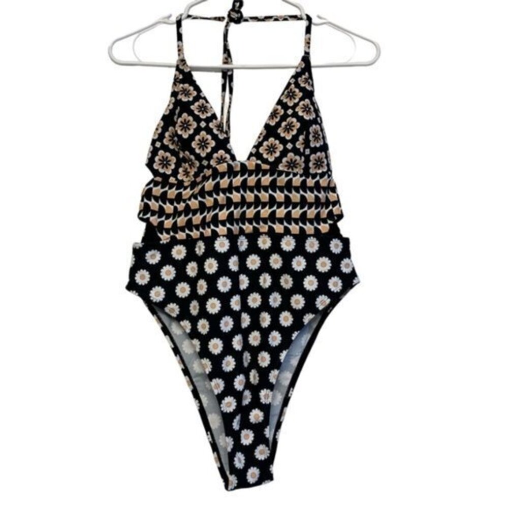 Women's Halter CUPSHE FLORAL BLACK SWIMSUIT SIZE LARGE NWT #7324